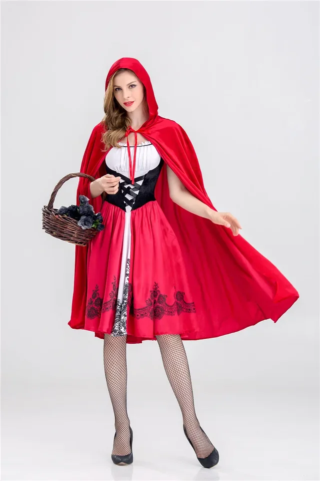 Cosplay Halloween Dospelé ženy Little Red Riding Hood s kapucňou Stage Show Show Dress+šál