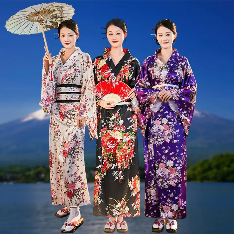 Cosplay kostým tradičný japonský kimono japonský štýl tlačený kvetinový sakura dievča kimono šaty elegancie ázijské