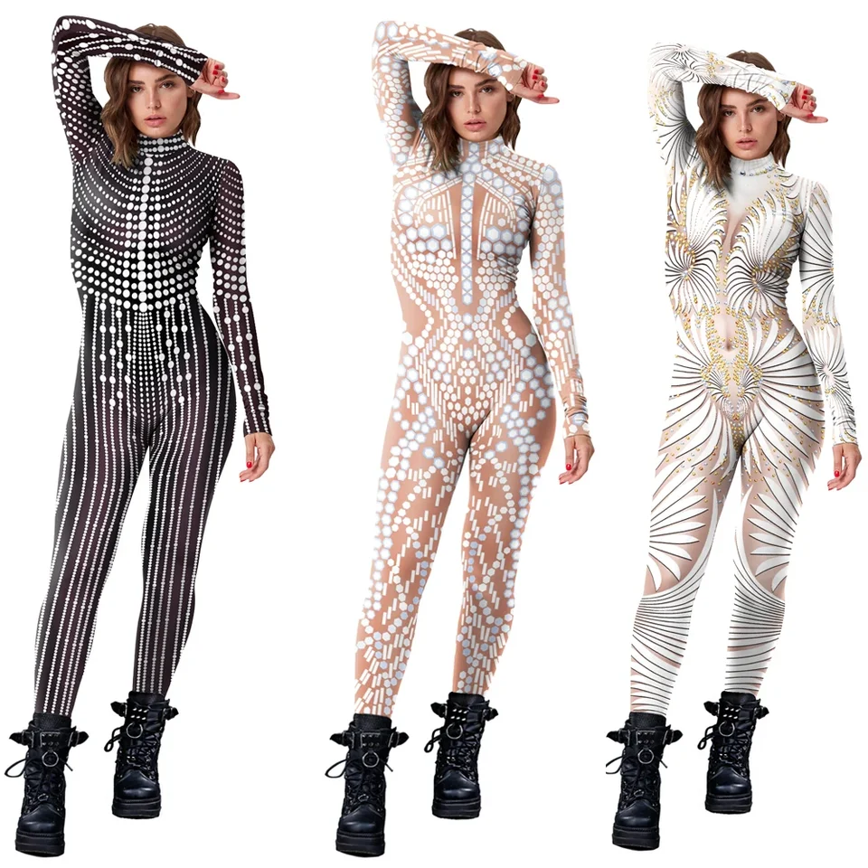 Cosplay lesklá sexy kombinéza čipky s čipkami vzor 3D tlačený tenký bodyit karneval halloween kostýmy luxusný outfit catsuit majer