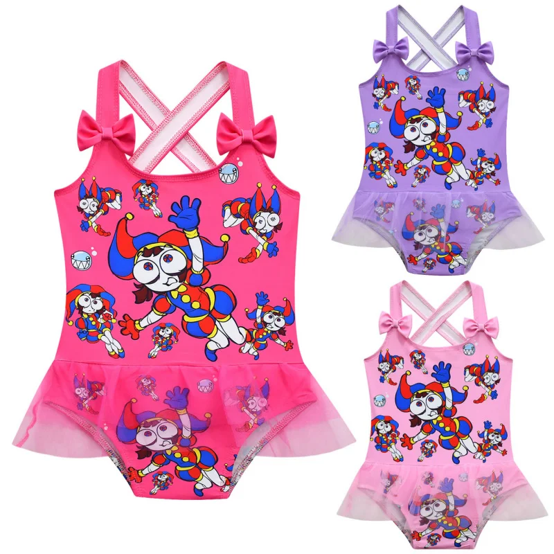 Cosplay Nové jednodielne plavky pre deti Magic Digital Circus Girl's Swimsuit Bow Suspenders20451