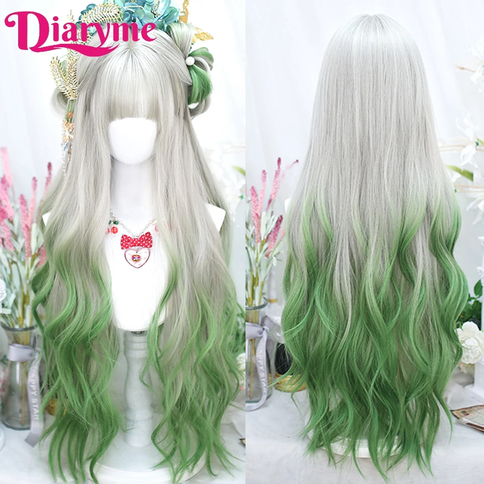 Cosplay parochňa ženské syntetické dlhé vlnité parochne pre ženy Grey Ombre Green Lolita Parochne Dlhé kučeravé parochne Prírodné dámske parochne Tepelné Res