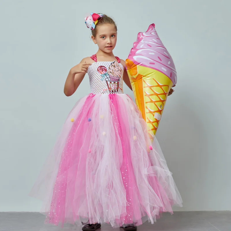 Cosplay zmrzlina dlhé dievčatá šaty karikatúry candy deti princezná šaty dievčatá pletivo tutu nafúknuté šaty