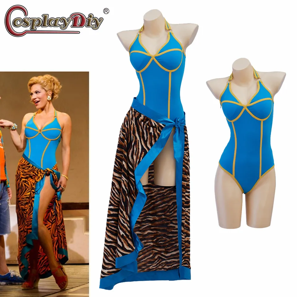 Cosplaydiy Mamma Mia Tanya Cosplay Bodysuit s sukňou Plne scéna hudobný kostým Tanya Sexy Blue Dance šaty mamma mia disco obleky
