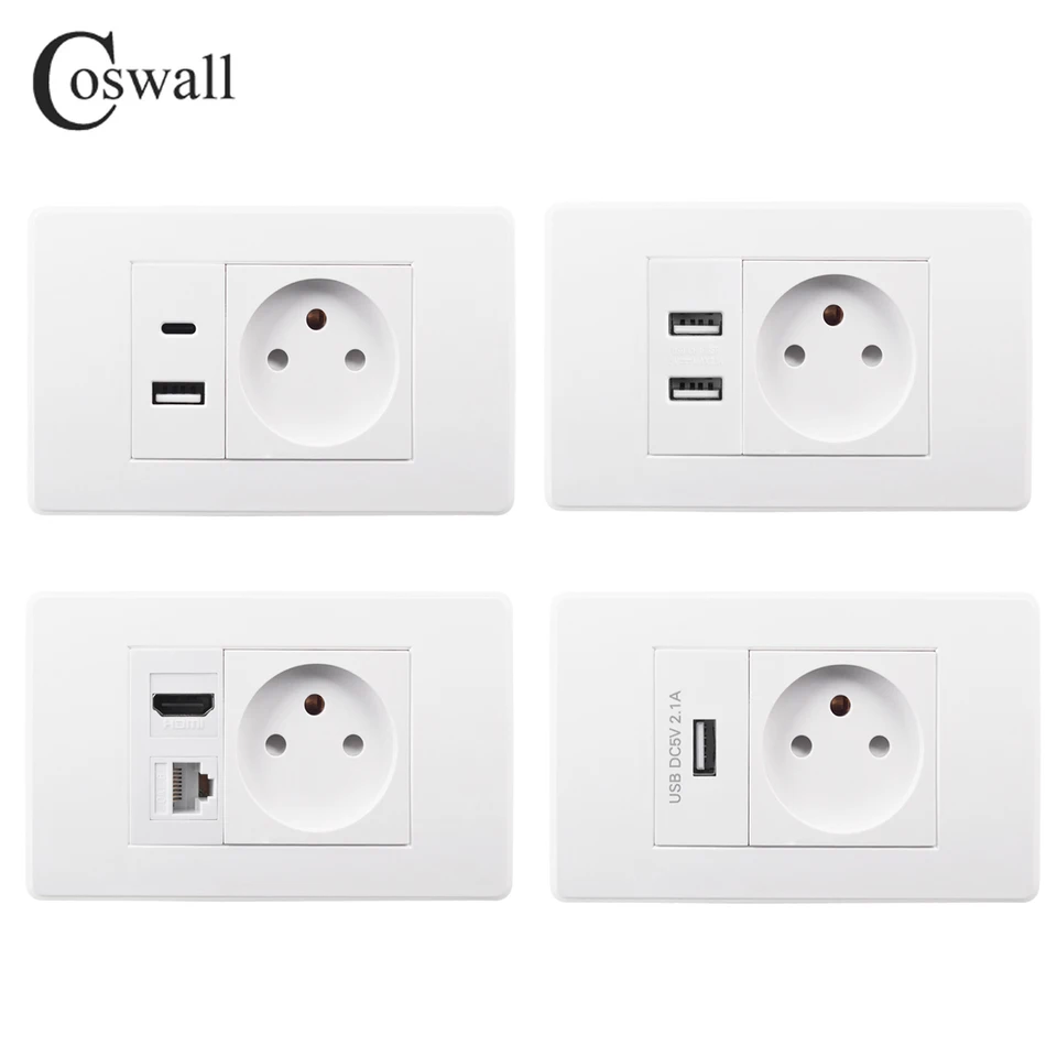 Coswall A45 Series Frosted Panel US veľkosť izraelskej zásuvky +nabíjačku USB / CAT6 s HDMI 2.0 16A 250V 118mmx72 mm biela
