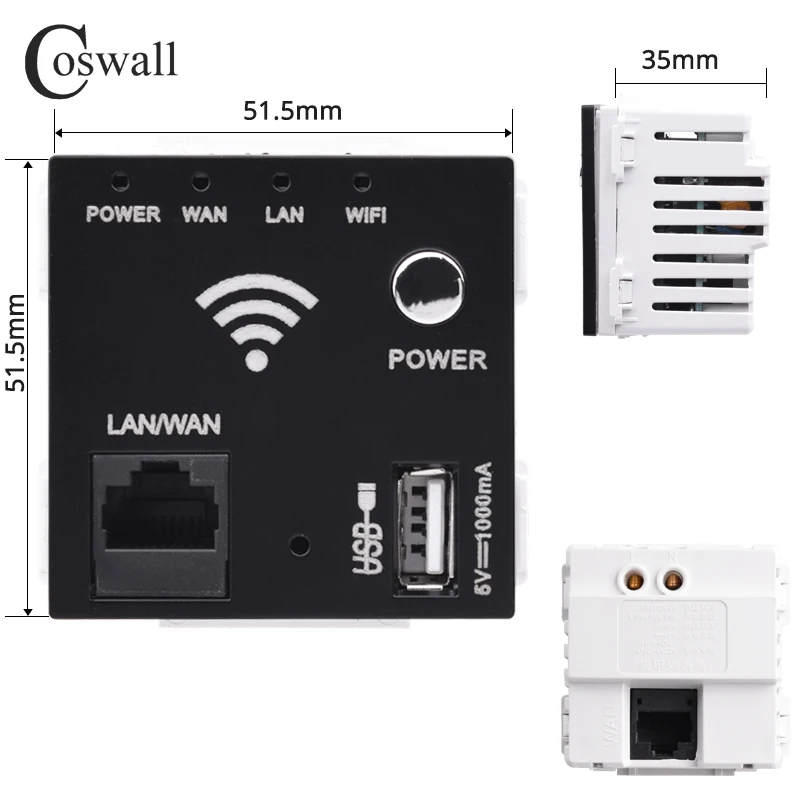 COSWALL E20 C1 Series 51.5*51,5 mm 300 m Wireless AP Router USB nabíjací port 5v 1000ma výstupná stena WiFi Routeur Socket Modul DIY