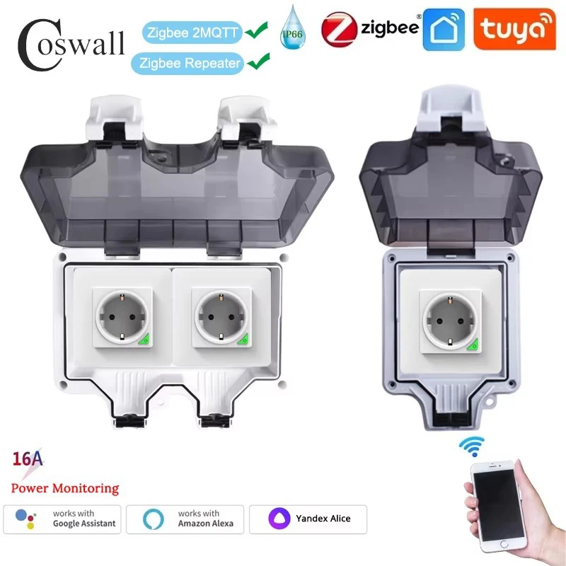 COSWALL IP66 Vodotesná zásuvka EU TUYA WIFI / ZIGBEE SWINT SWINT Programovateľná s funkciou monitorovania energie biela