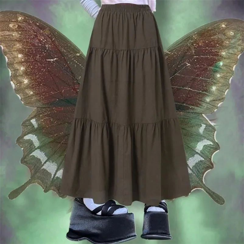 Cottagecore hnedá midi sukňa vzdušná bielizeň s nízkym vzostupom odstupňovaná dlhá sukňa pre ženy pre ženy vintage fairycore outfit