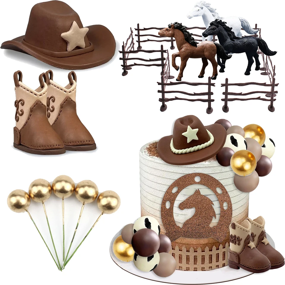 Cowboy Cake Topper Western Cowboy klobúk a topánky Cupcake Toppers s loptičkami západná téma narodeninová oslava bábätká