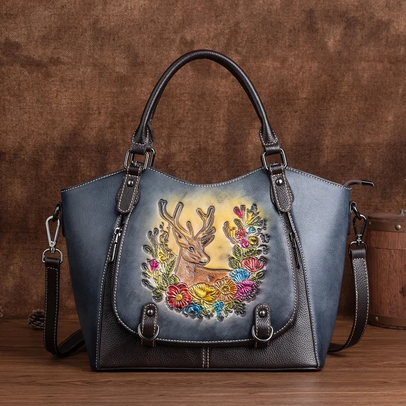 CowHide Dámska tote taška Vintage Deer Pattern Originálne kožené ramenné tašky Luxusný dizajnér Vysoko kvalitné ženy kabelky 2035