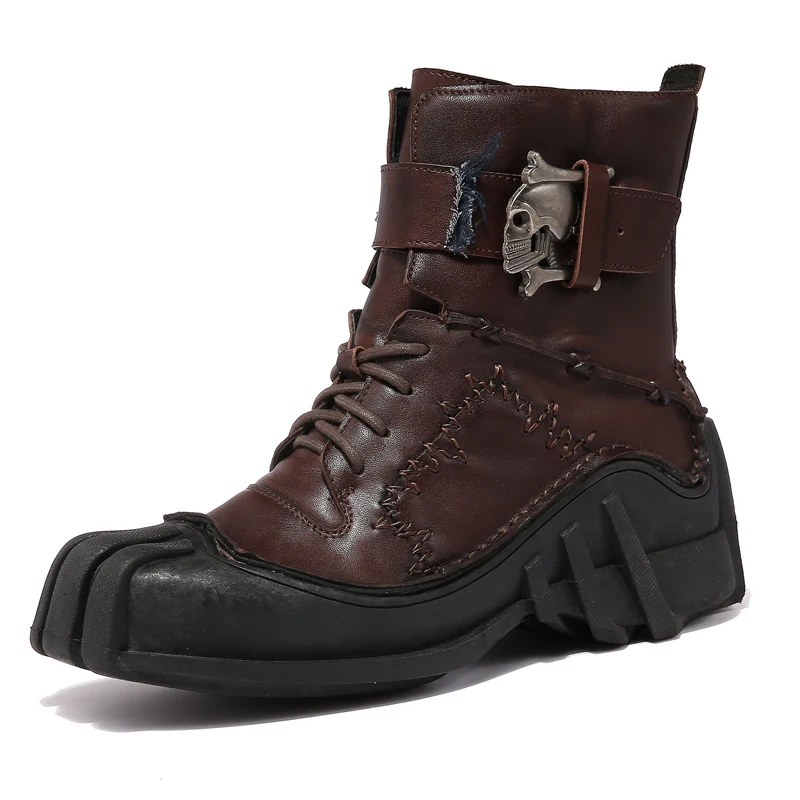 CowHide Originálne kožené motocykle topánky Skull Punk Fashion Cowboy Moto topánky Mid-Calf Army Boots Desert Boots 50