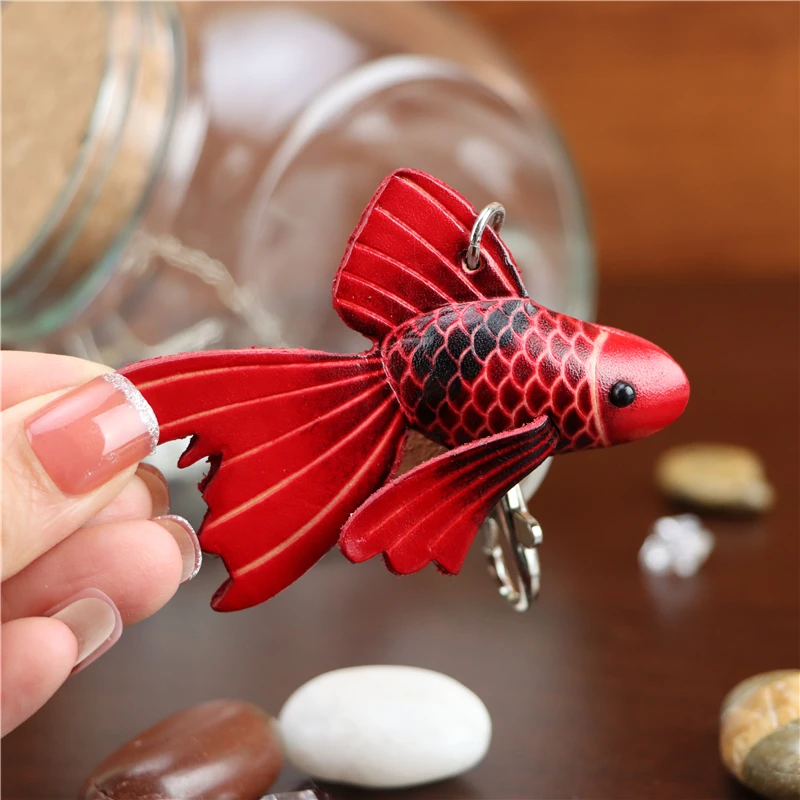 CowHide Small Goldfish Taška kúzlo Klávesnica Čistá ručne vyrobená malé červené ryby Malé žlté ryby vrecko na zavesenie kľúča reťazec koi