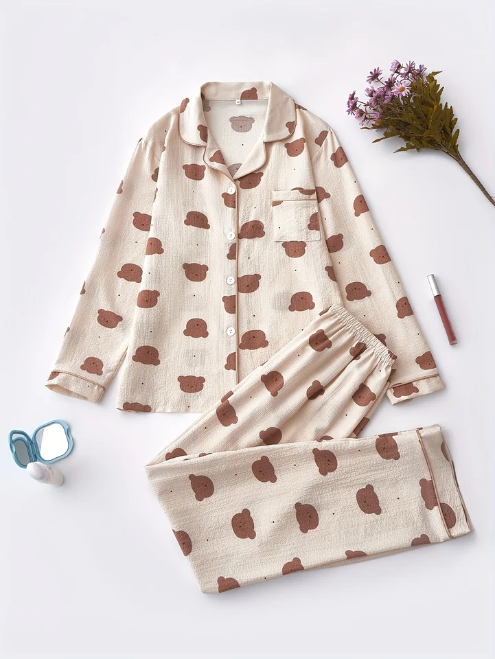 Cozy Bear Print Pyžama set pre ženy - dlhý rukáv, gombíkové klopne vrchné a elastické pásy, strojové umývateľné, na jeseň