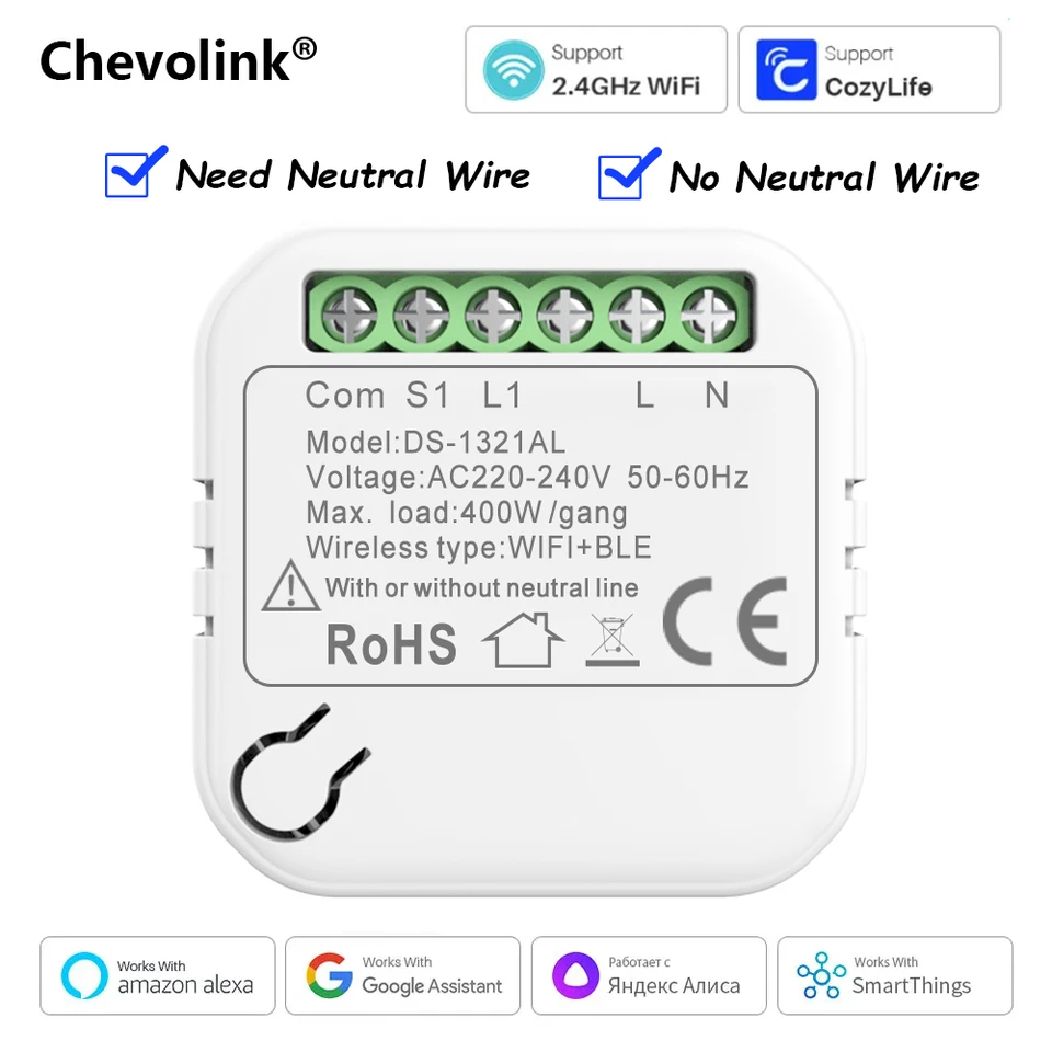 Cozylife WiFi Mini Smart Switch No neutrálny drôt 400 W DIY 2-Way Control Smart Switches Breaker Modul Pracovať s Alexa Google Home