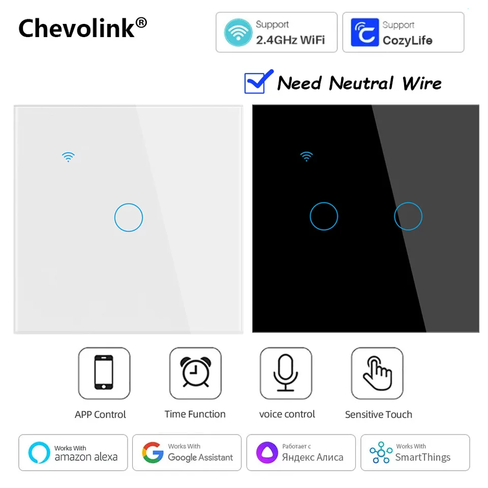 Cozylife WiFi Smart Switch EU Light Wall Touch Switch 220V potrebuje neutrálnu drôtovú inteligentnú životnú prácu s Alexa Google Home 1/2/3 Gang
