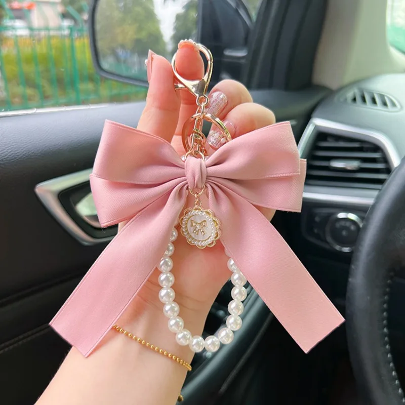 Creative Bow, Pearl Chain Keychain, prívesok dámskej módnej tašky, kľúče od auta, personalizovaná stuha kravata
