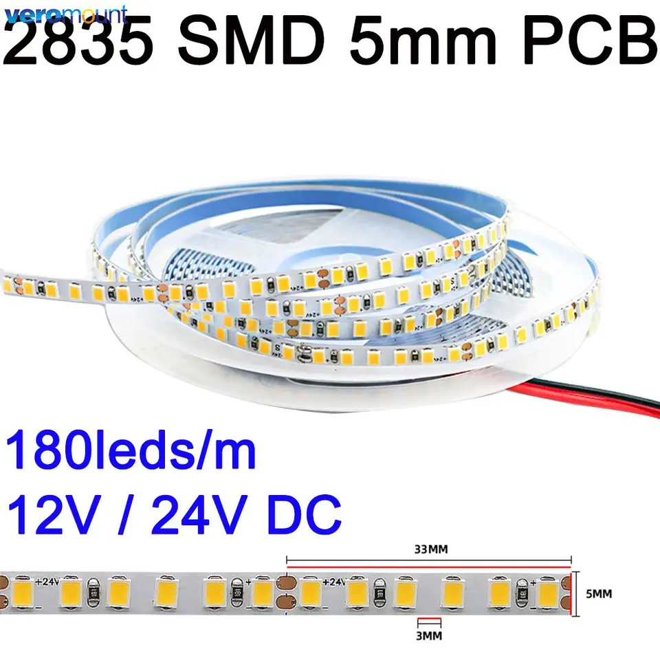 CRI80 5M 12V 24V DC 5 mm šírka PCB 2835 SMD Flexibilný LED pásik LED 180LED/M LED pásma LED lampa pre domácu dekoráciu chladná teplá biela 4000k