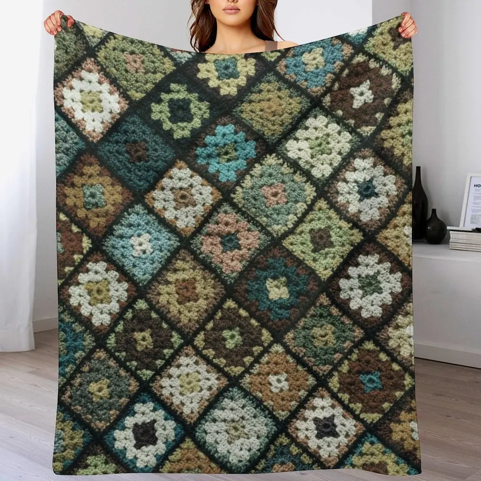 Crochet Granny Square Pattern tmavo zelená prikrývka na pohovku teplé luxusné prikrývky