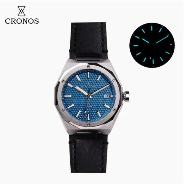 Cronos Men Automatické hodinky 39 mm luxusné mechanické náramkové hodinky zafír 100 metrov vodotesný BGW-9 Svetlo PT5000