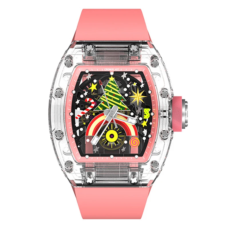 Cronusart Men Automatické hodinky 50 mm tonneau Mechanické náramkové hodinky akrylové puzdro Svetlo