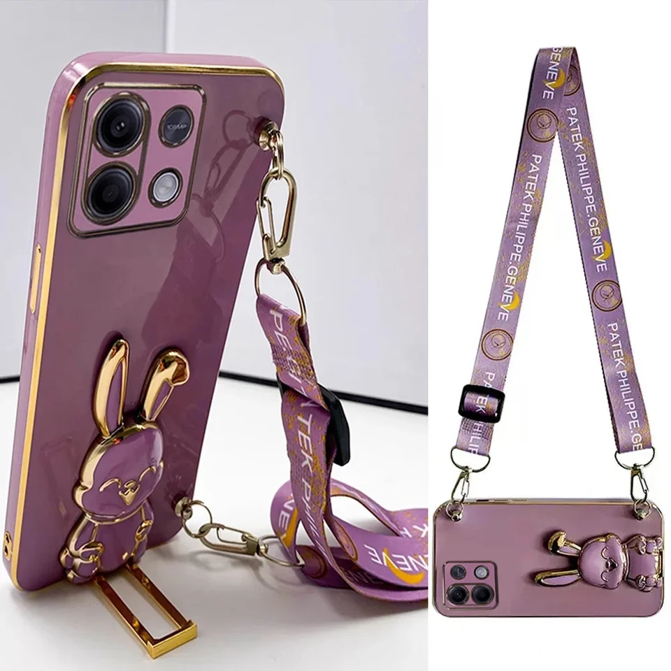 Crossbody Lanyard Rabbit Bracket Plating puzdro pre Xiaomi Redmi Note 13 Pro Plus 4G 5G 13C 13T 13 Lite Poco X6 M6 Silikónový kryt