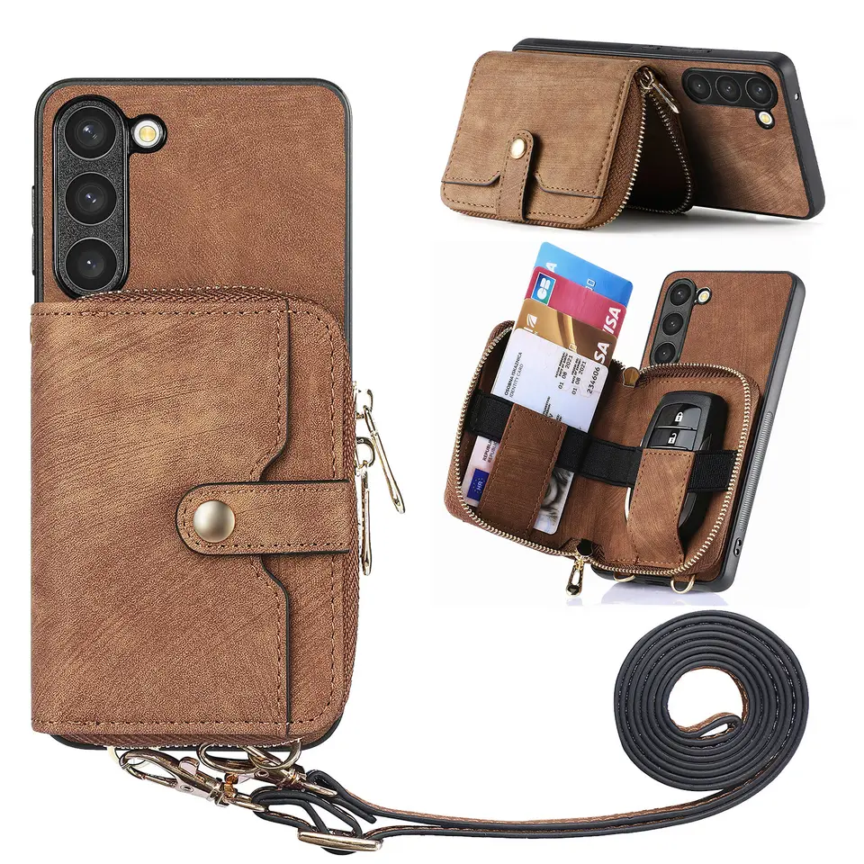 Crossbody nastaviteľný šnúrku náhrdelník zips kožené puzdro pre Samsung Galaxy S24 S23 S22 Ultra Plus S21 S20 Cover