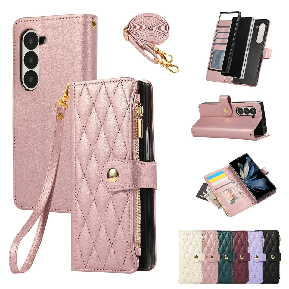 Crossbody Zipper Cards Solt Wallet Leather puzdro pre Samsung Galaxy Z Fold 6 5 4 3 5g Diamond Bag Cape