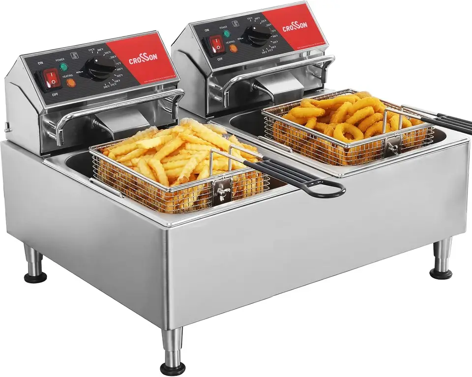 Crosson ETL uvádza duálnu nádrž 26lbs Electric Deep Fryer s pevným košom, odnímateľnou nádobou na olej a výškovým nastaviteľným nohám pre