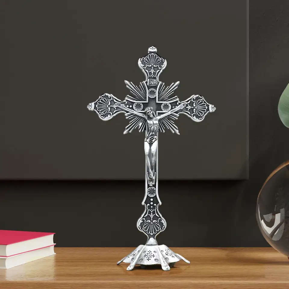 Crucifix so stojanom katolícka socha Ježiš kríž socha figurínu stojace kríž pre domácu spálňu obývaciu izbu stolové modlitby