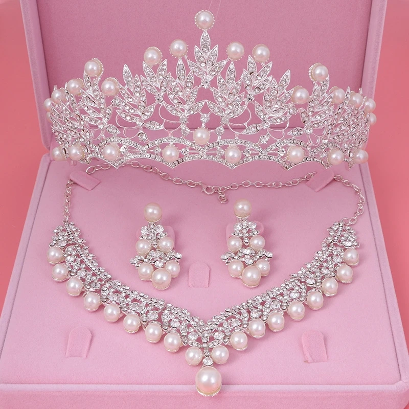Crystal Pearl Svadobná sada šperkov Spravodajca náhrdelník Náušnice Tiara Crown Set pre ženy nevesta Party Queen Svadobné šperky set