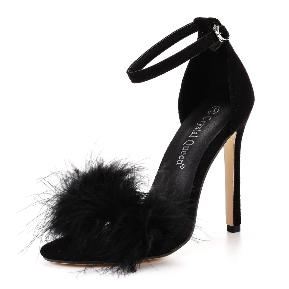 Crystal Queen Dámske letné sandále Našúčacie peep špičky Stilettos vysoké podpätky kožušinové perie Lady Svadobné topánky veľké veľkosti 42