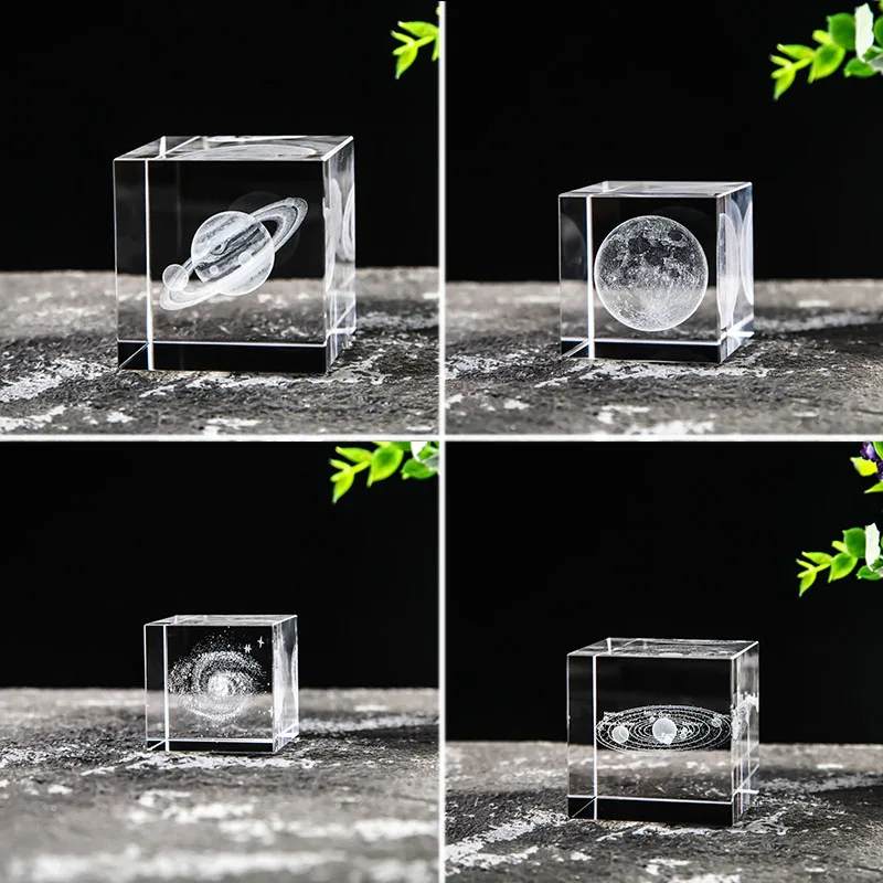 Crystal Square Figurín sklo 3D laserová vyrytá kocka astronómia miniatúrna zemská planéta galaxie remeselné ozdoby Globe Home Decor