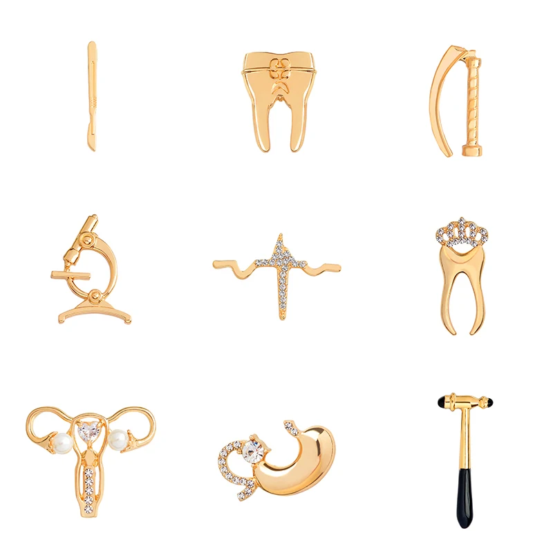 Crystal Uterus Microscope Scalpel žalúdok EKG Zubné špendlíky pre Doctor Nurse Medical Brošes Zbierka