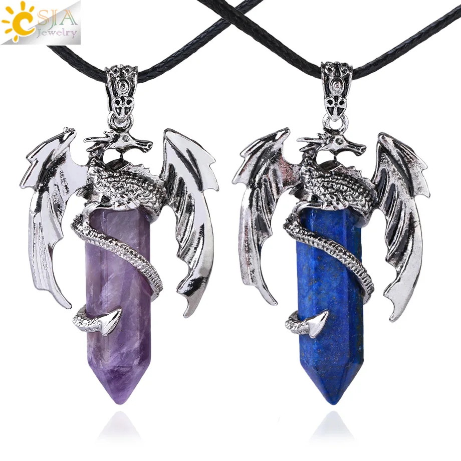 CSJA Animal Dragon Man náhrdelník Prírodný klenot kamenný liečivý ružový kremeň šesťhesný krištáľový prívesok vintage šperky pre ženy H012