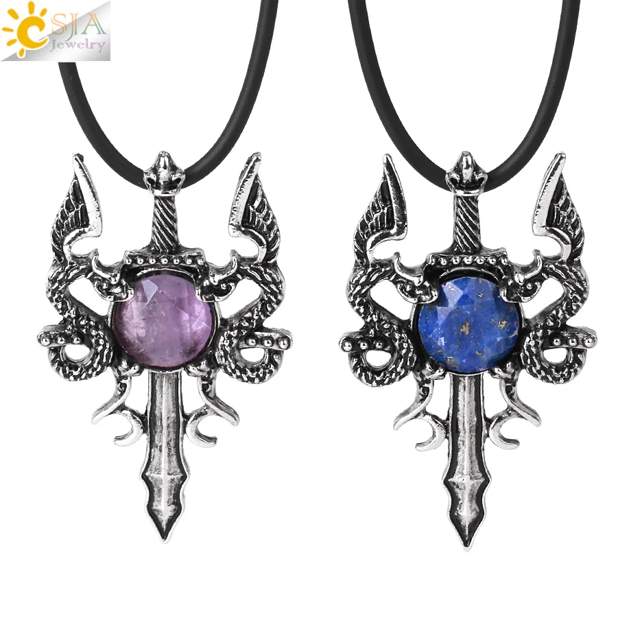 CSJA Double Dragons Sword Gulet Gulet prívesok Prívesok prírodný krištáľový kameň okrúhle guľôčky Vintage šperky náhrdelníky Man Women H143