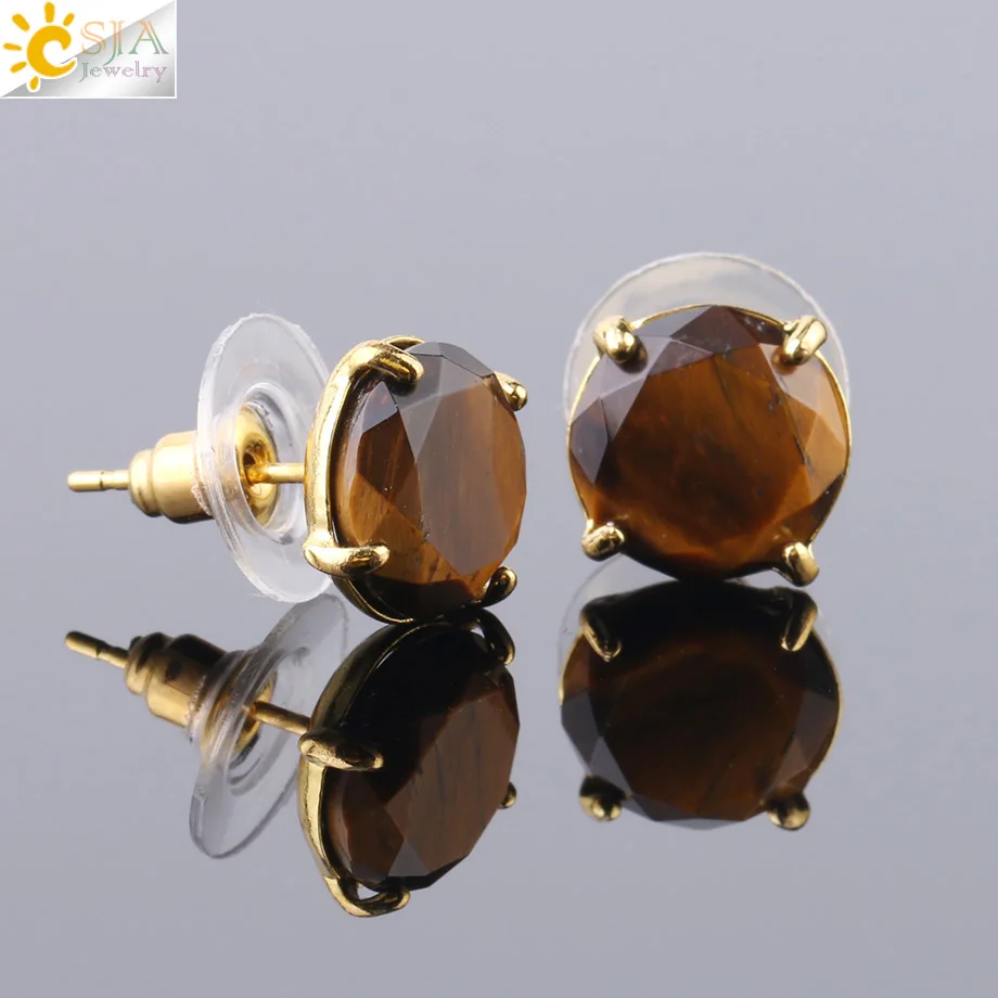 CSJA Prírodné kamenné náušnice Round Pink Crystal Quartz Gem Geads Gold-Color Simple náušnice pre ženy Girl Charm šperky F693