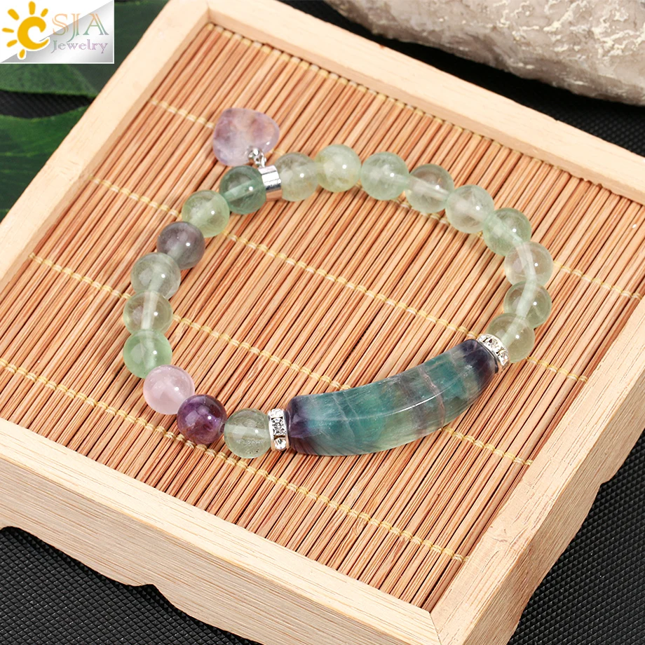 Csja reiki fluorit kryštálový náramok Prírodný kameň 8 mm korálky náramok Srdce kúzlo Šťastné pružné Mala náramky liečivé šperky H176