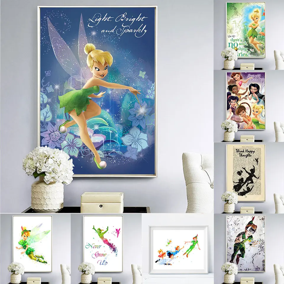 CTue Disney Art Tinkerbell a Peter Fairy Wall Art Plagát a výtlačky Watercolor Style Fotografie na plátne maľovanie dievčenských darčekov