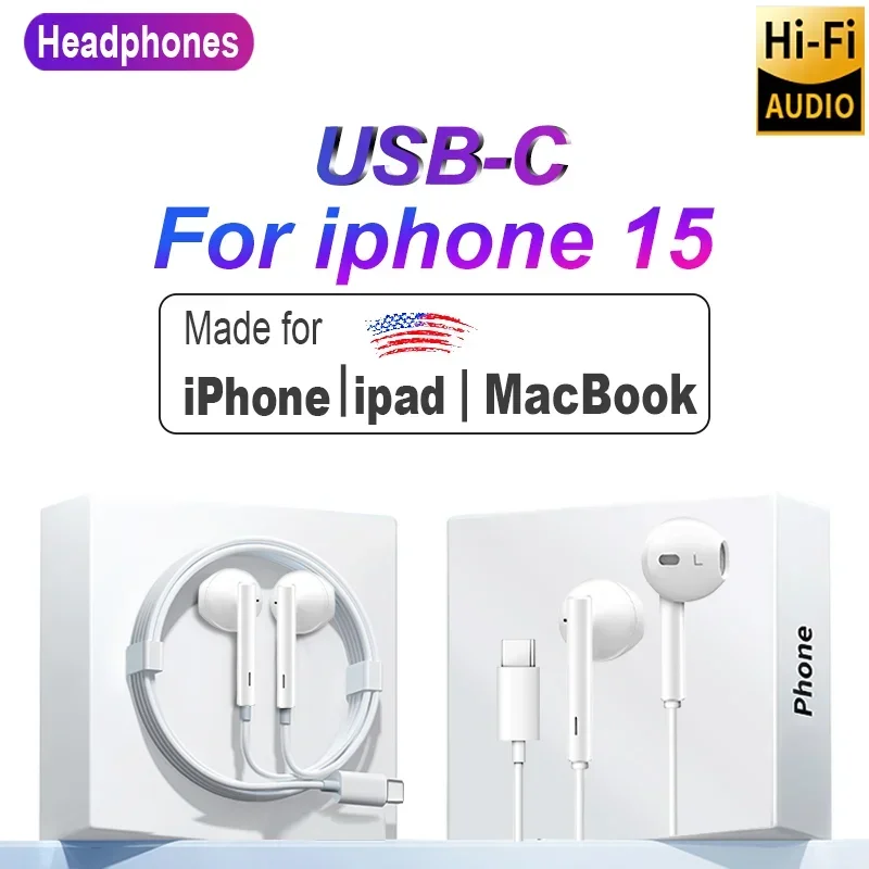 Cuffie Originali Per Apple iPhone 15 Pro Max In-Ea Con Microfono Auricolare Cablato na iPad Samsung Xiaomi 12 USB-C AURICOLARI