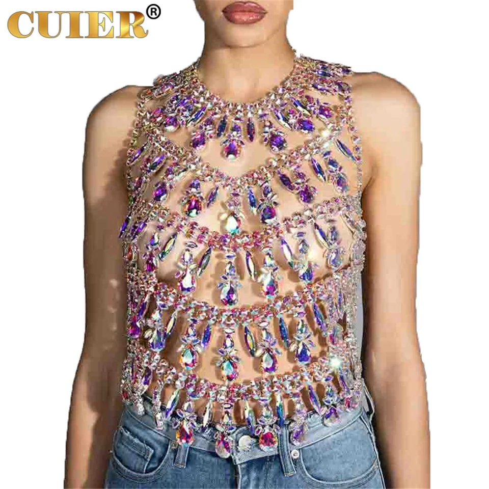 Cuier Nádherný krištáľový AB Glass Gemstone Women Tops Ručne vyrábané telové šperky iskrivé spodná bielizeň pre módnu prehliadku doplnky