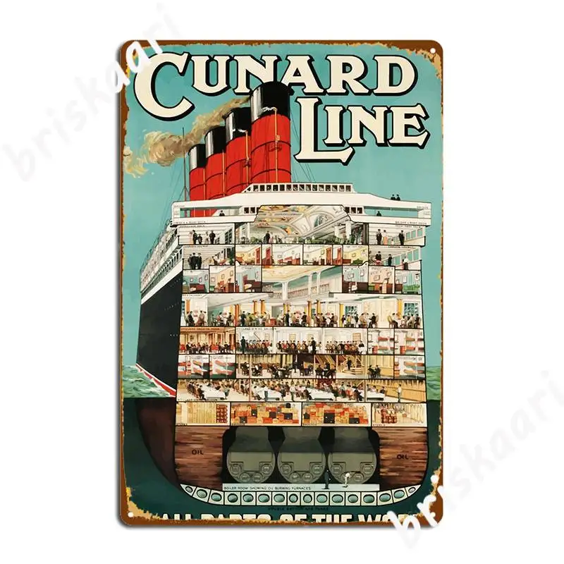 Cunard Line Cruise Liners Vintage Cestovný kovový plaket plagát garáž dekorácie Kino Cinema Crea