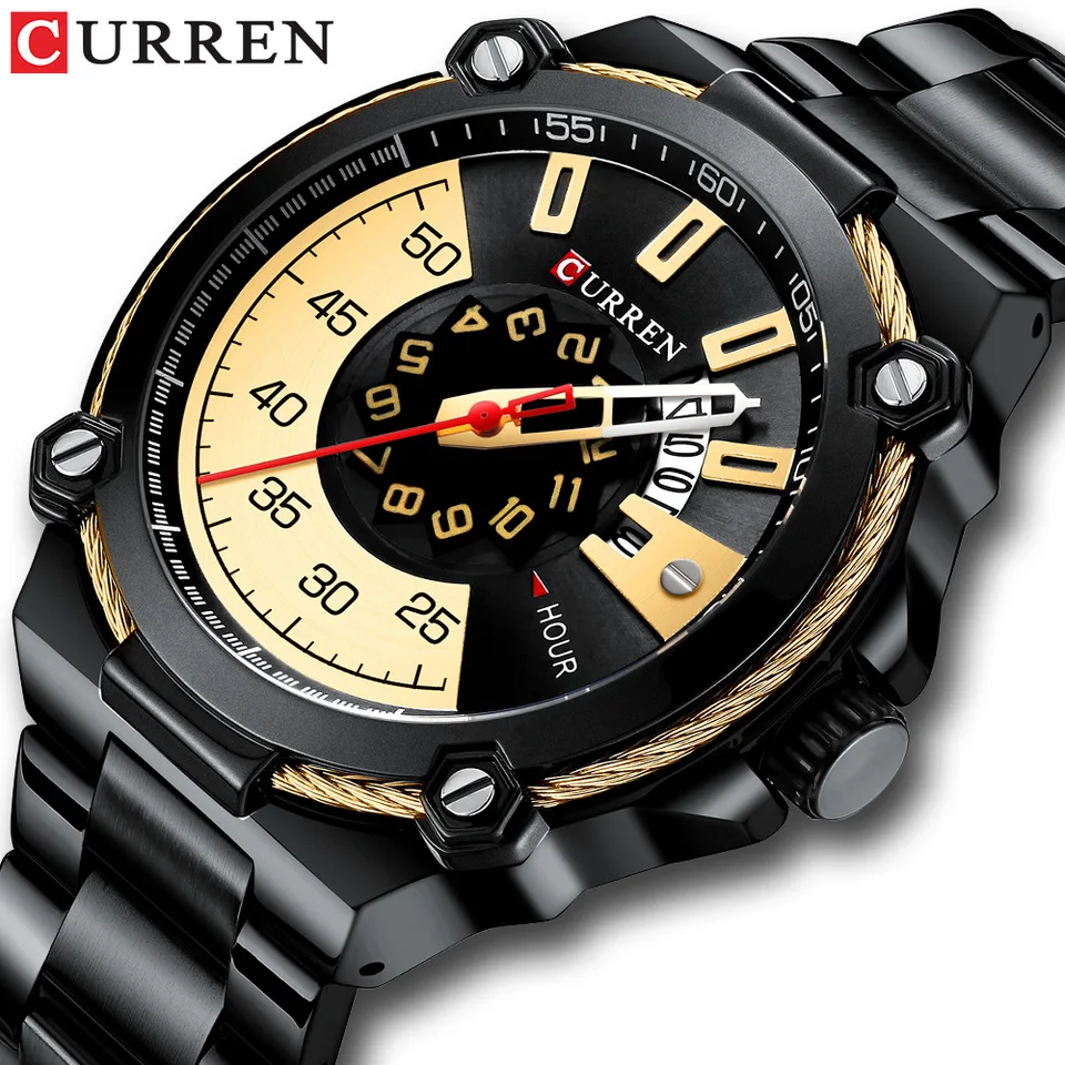 Curren 8345 Pánske Quartz Watch Fashion Unikátna čierna modrá vodotesný obchodný kalendár z nehrdzavejúcej ocele hodinky
