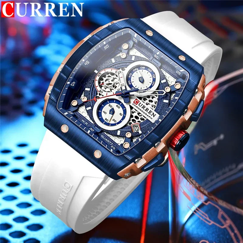 Curren Man Rakrapwatch Witerproof Chronograph Muži sledujú vojenskú top značku Luxusné biele silikón Originálne športové mužské hodiny 8442