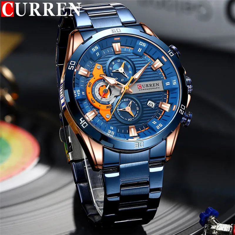Curren Man Rastwatch Waterproof Chronograph Muži sledujú vojenskú top značku luxusná zlatá modrá z nehrdzavejúcej ocele Šport Mužské hodiny 8402