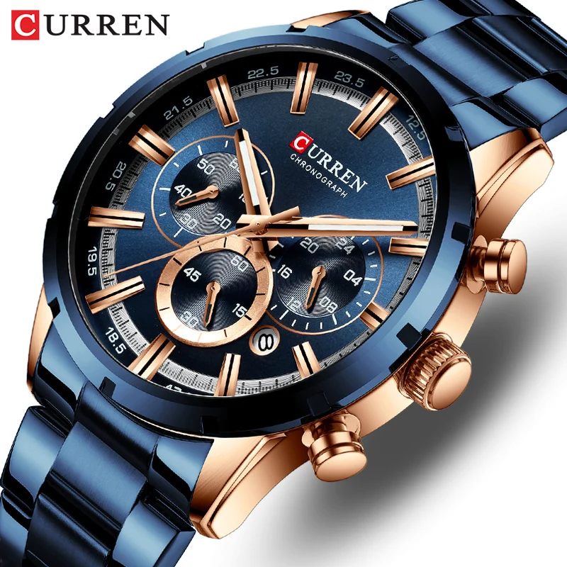 Curren Men's Watch Blue Dial z nehrdzavejúcej ocele Dátum Dátum Pánske obchodné hodinky Mužské hodinky Vodotesné luxusné luxusné zápästie Hodinky pre mužov
