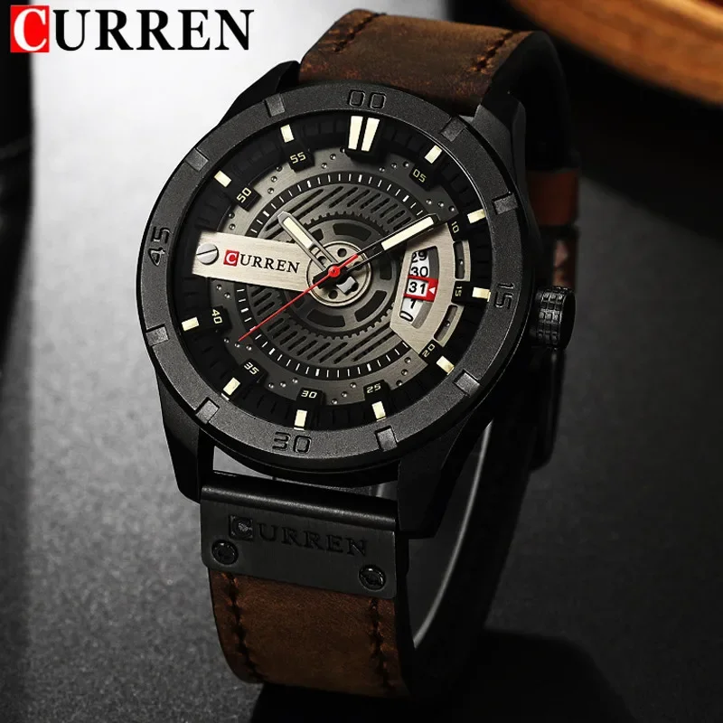 Curren Watch Men Vodotesný kalendár Šport Vojenská kožená kožená mužská hodina Top značka Luxus 3D číselník Originálny muž náramok 8301