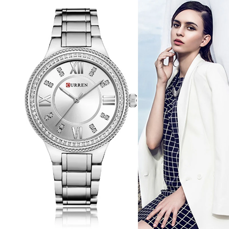 Curren Women Watch Quartz Watch for Famis Fashion Dámske náramkové hodinky zamrznuté Dimaond Reloj Mujer strieborná z nehrdzavejúcej ocele