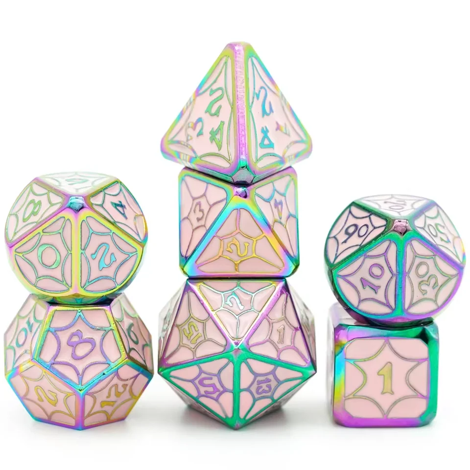 Cusdie Shiny Metal Dice DND 7ks Polyhedral Dice Set D4 D6 D10 D% D12 D20 pre hranie hier Pathfinder D&D Boardové hry