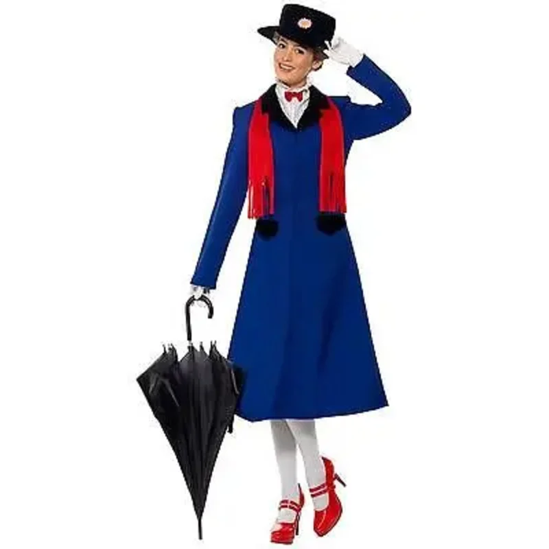 Custimzied Mary Poppins šaty Mary Poppins Cosplay kostým modrý dlhý kabát košele klobúk šatky rukavice 11 nsd634