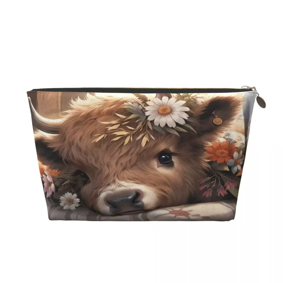 Custom Highland Cow and Flower toaletry Bag pre ženy Kozmetický organizátor make -upu dáma kozmeta krabice DOPP Kit