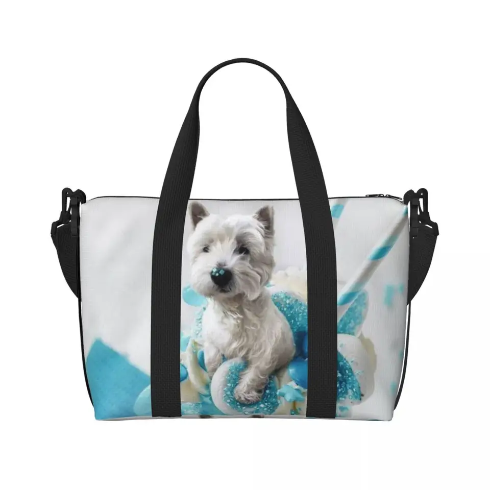 Custom Westie Blue Marshmallow Shake Tote Bag Ženy VEĽKÁ kapacita West Highland Terrier Dog Beach Gym Cestovná taška